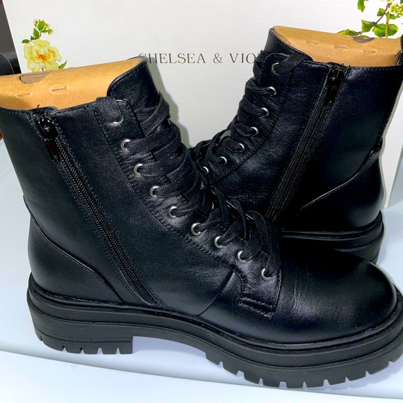 NIB Chelsea & Violet Rumi Leather Lace-Up Chunky Lug Sole Combat Booties Bla… - Picture 7 of 15